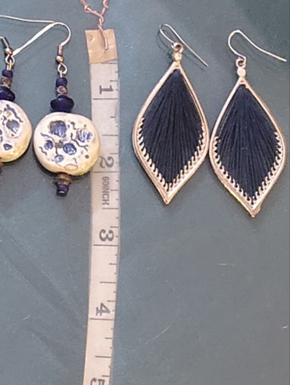 2 Pair Chic Dangle Earrings Artisan Glazed Ceramic & Navy Thread Wrapped Silver